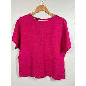 100% Linen Top Women's Hot Pink I.B. Diffusion Boxy Drop Shoulder Short Slv Vtg